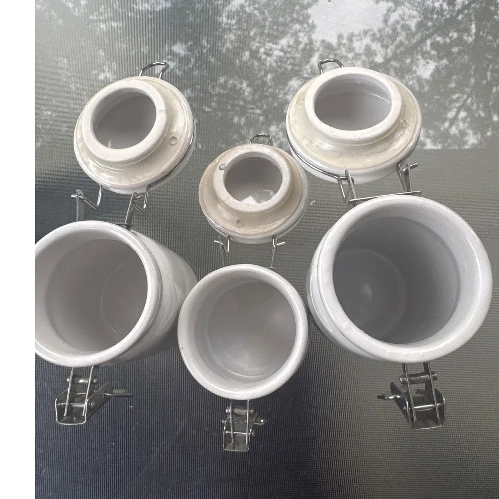 OGGI Ceramic Canister Set 3 Pc White Airtight Clamp Lock Lid Kitchen Storage